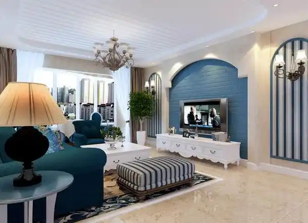 150㎡地中海风格客厅电视背景墙装修效果图地中海风格电视柜图片