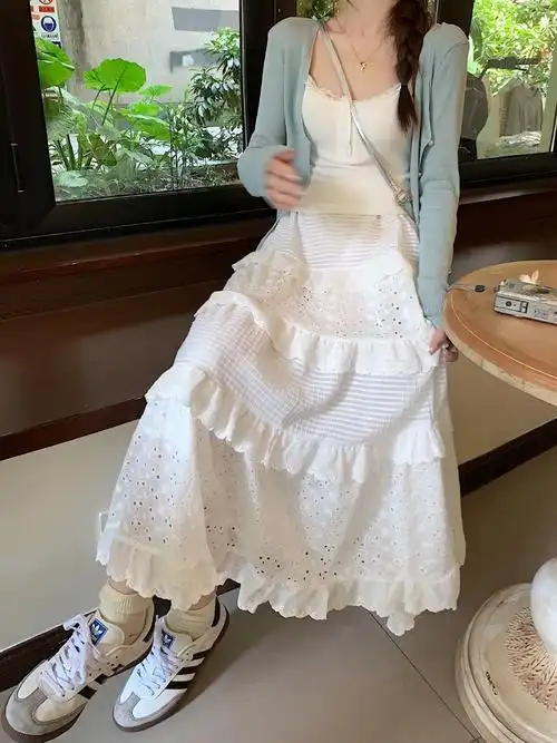 白色蛋糕裙女春秋2024新款高腰小个子温柔蓬蓬裙中长款a字半身裙 - 17