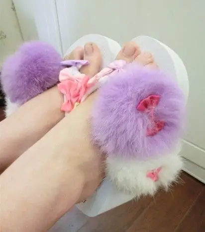 hair ball rabbit fur multicolour bow platform  flip flops