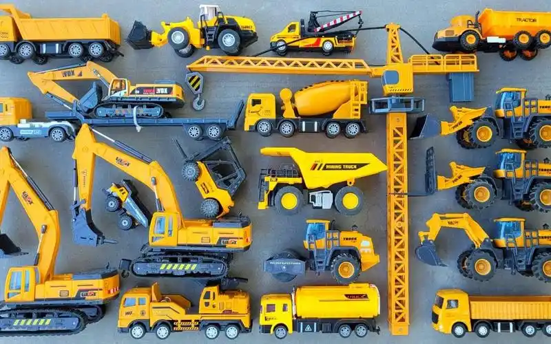 挖掘机起重机工程车和翻斗车大集合共有20辆黄色的玩具车