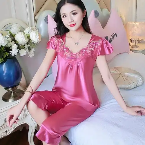 夏天真丝睡衣女夏季韩版蕾丝性感短袖甜美冰丝绸缎家居服两件套装