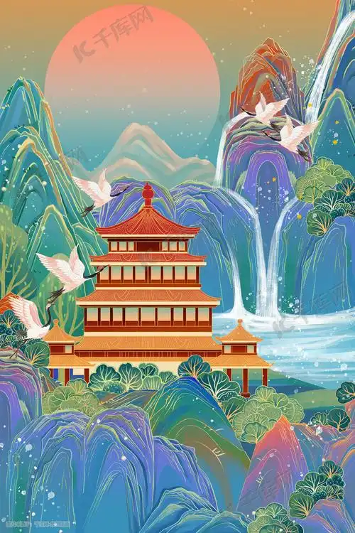 国潮中国风山水风景图插画图片-千库网