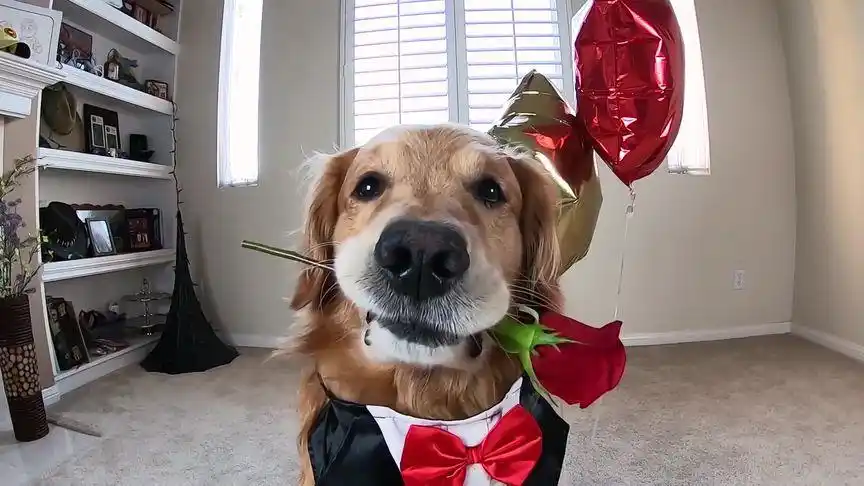 金毛犬盛装打扮,嘴咬玫瑰花,准备和你一起过情人节