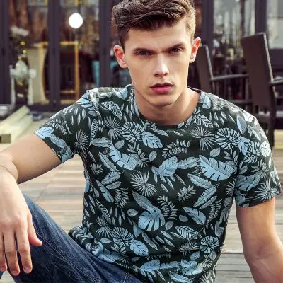 夏季男士短袖玫瑰花t恤花卉潮男印花纯棉花纹v领大码修身衣服碎花