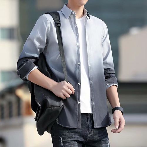 2021秋季渐变衬衫男长袖韩版修身学生潮流帅气衬衣服男生薄款外套