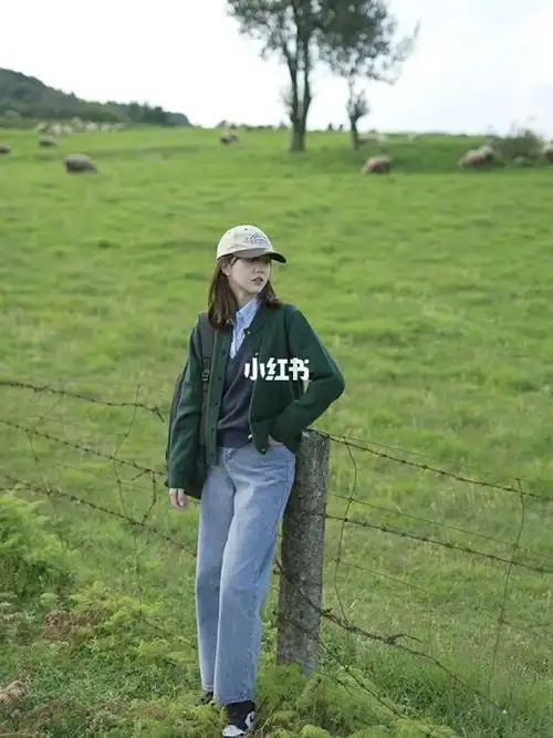 墨绿色是是比较深的绿,所以内搭也要有比较深的蓝,此图中就是藏青色