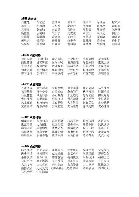 abb式词语 白花花白茫茫黑漆漆黑乎乎懒洋洋绿油油凉飕飕黑压压红通通