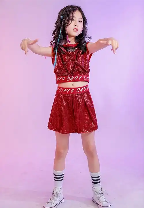 儿童爵士舞服装女孩亮片露脐走秀酷舞蹈服街舞套装夏季女童演出服