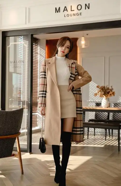 韩国模特孙允珠英伦风浅棕太妃方格束腰风衣网拍