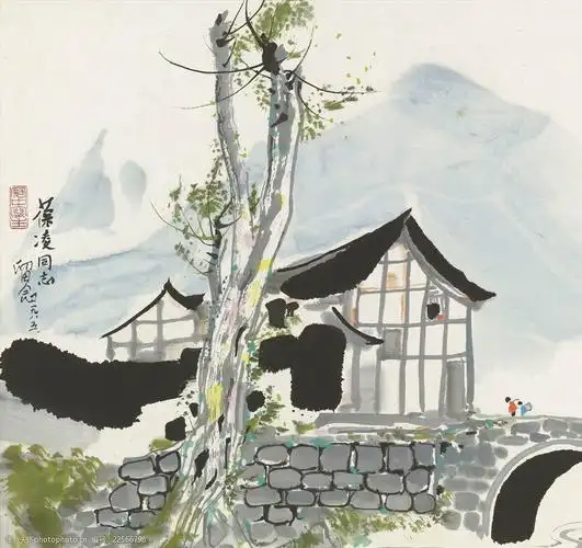 水墨山水乡村人家青砖白瓦