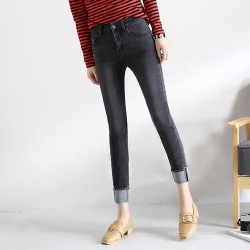 夏季新款韩版翻边九分直筒高腰显瘦牛仔裤女韩版百搭显瘦显高时尚