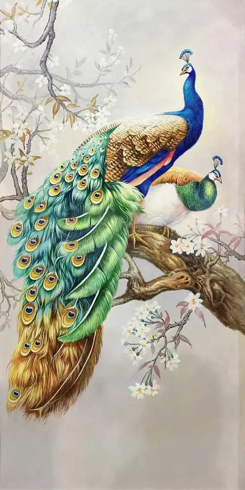 xt93846新中式花鸟蓝孔雀玄关米黄色