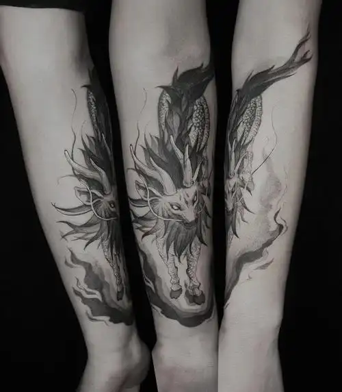 原创遮盖纹身作品麒麟踏火