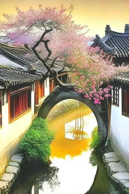 你可以看到一条蜿蜒的小河,两岸的青山绿树,以及一座座古色古香的小桥