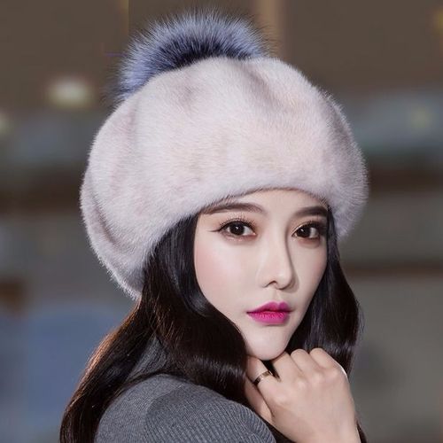 新款水貂帽子女韩版女士软体贝雷帽水貂毛整貂貂皮女帽子狐狸毛球