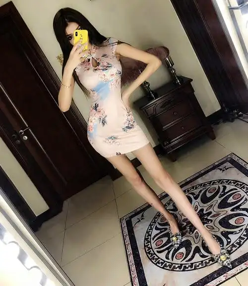 2019夏夜店女装性感旗袍改良主播镂空开叉包臀印花连衣裙h3567