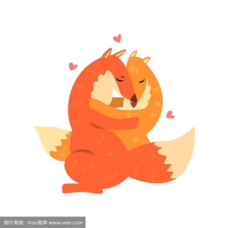 一对可爱的红狐在爱拥抱对方,两个快乐的动物拥抱的心在他们的头矢量