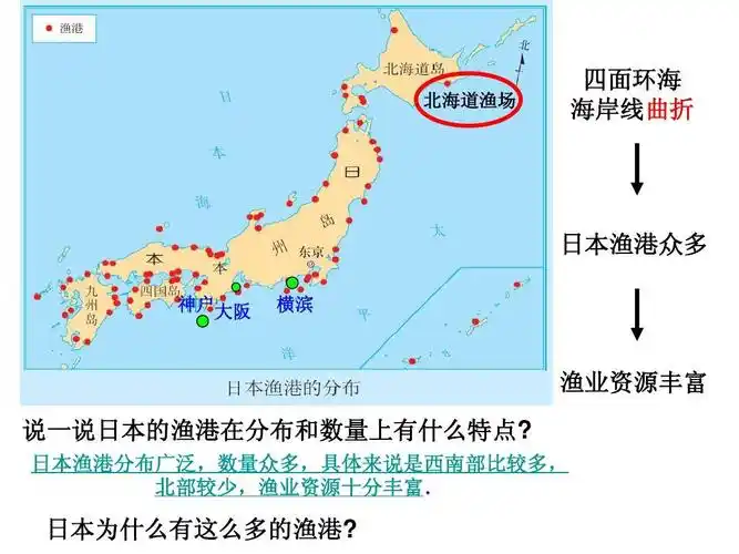 北海道渔场 四面环海 海岸线曲折 日本渔港众多 神户 神户 大阪 横滨