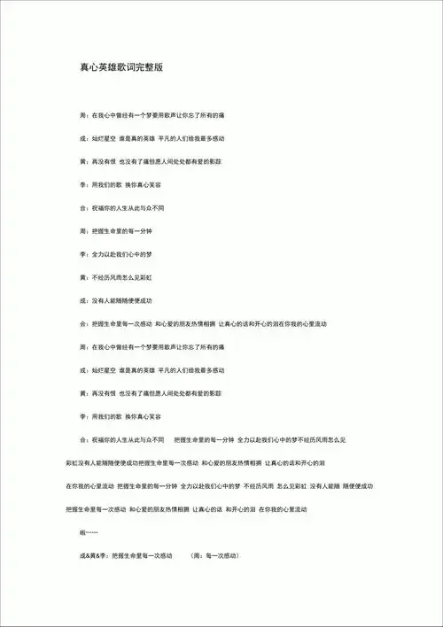 真心英雄歌词完整版