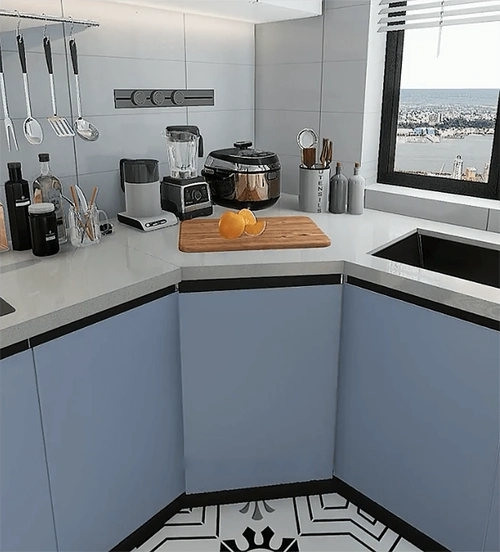 二,不做传统直角柜,而是改成钻石柜,拿取也方便,台面更宽敞.