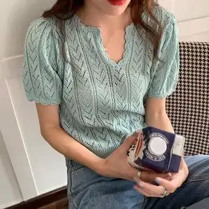 夏季欧美流行钩花镂空针织衫女短款修身显瘦v领薄款短袖上衣毛衣