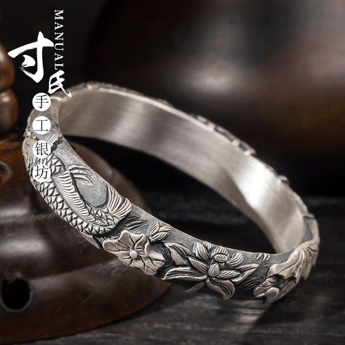 雪银印象古法制银镯子999银浮雕荷花银手镯女款民族风银饰夏日雨荷