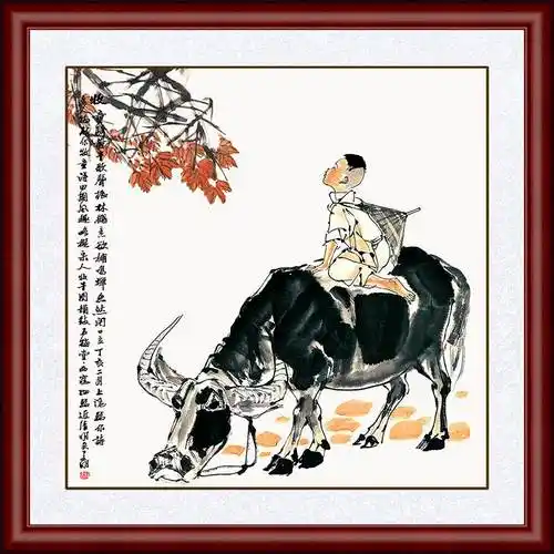 牧童骑牛吹笛挂画中式客厅玄关杏花村国画水墨现代装饰画