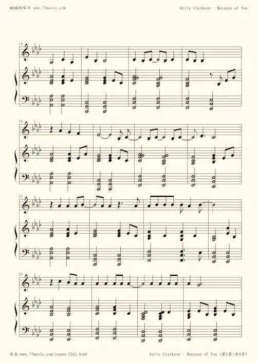 钢琴谱:because of you