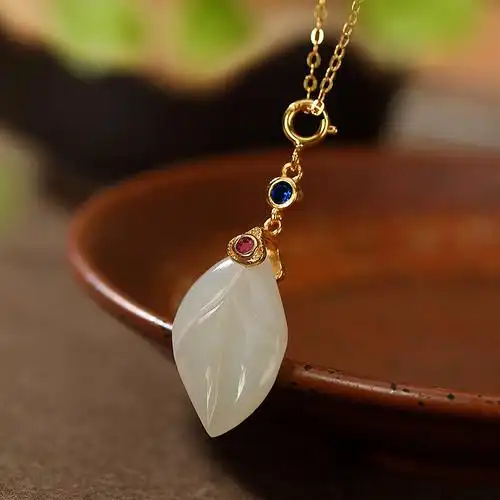 s925纯银镀金和田玉吊坠复古个性叶子女士时尚挂坠挂件