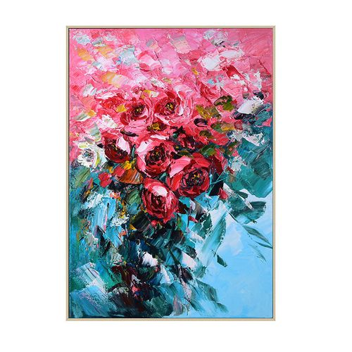 手绘油画挂画客厅玫瑰花玄关装饰画纯手工花卉油画成品画竖版 香槟金