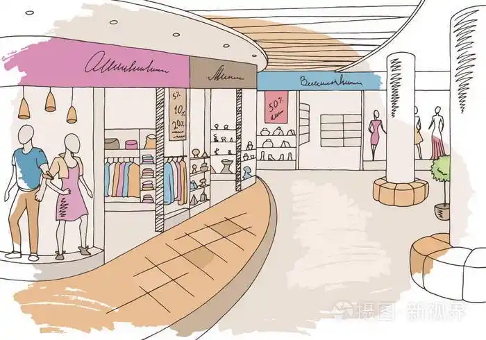 购物中心图形色彩内部素描插画矢量