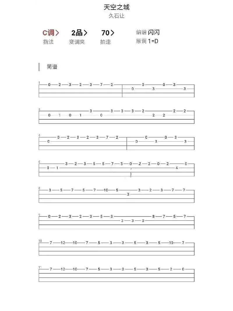 《天空之城》尤克里里指弹入门新手简谱