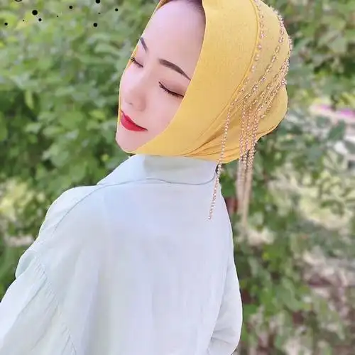 新品回族女人的套头纱巾纱巾新款水晶之恋套头头巾流苏串珠简单方便款