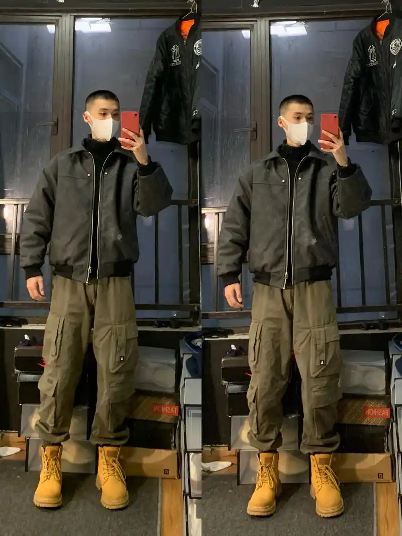 男生冬季美式硬汉穿搭 工装裤大黄靴.