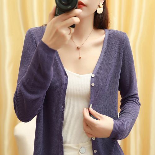 春夏薄款冰丝针织开衫女外套长袖宽松镂空防晒毛针织衫