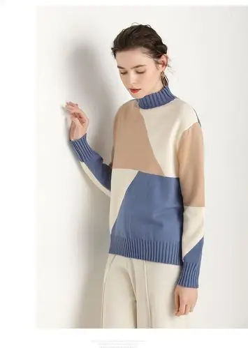 冬新品半高领毛衣女秋冬2018新款套头宽松加绒加厚拼色针织衫内搭打底