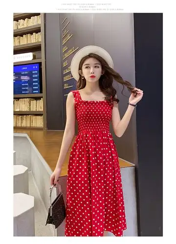 2020新款夏季法式气质显瘦中长款一字肩红色沙滩裙波点宽肩带裙子