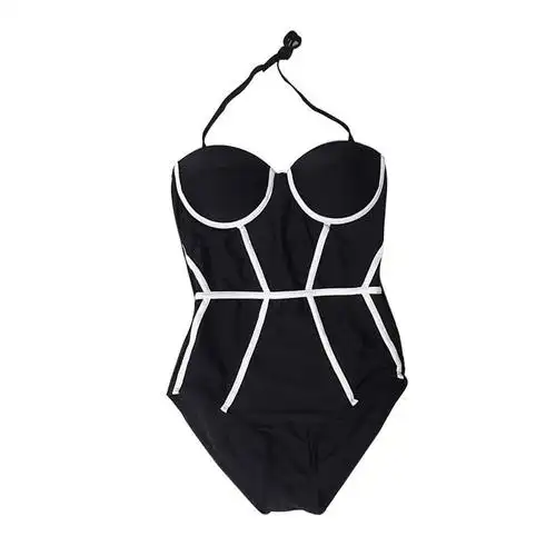 遮肚显瘦泡温泉泳衣黑白挂脖性感小胸钢托聚拢三角连体温泉泳衣黑色m