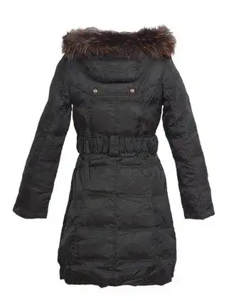 冰飞女款收腰修身黑色带毛领羽绒服