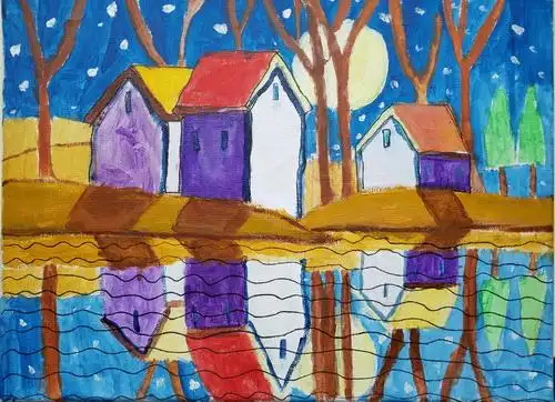 少儿书画作品-湖边的倒影/儿童书画作品湖边的倒影欣赏_中国少儿美术