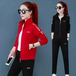 李宁运动跑步套装女春秋宽松休闲服广场舞团购健身晨跑衣服三件套