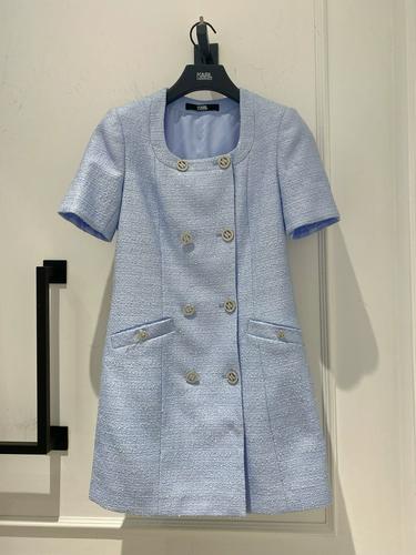 karl lagerfeld卡尔拉格斐24春款浅蓝花呢收腰小香风连衣裙老佛爷