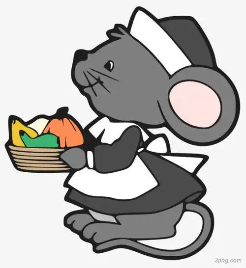 端着蔬菜的灰色老鼠厨师png素材透明免抠图片卡通手绘