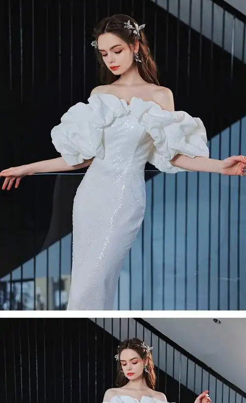 款模特走秀礼服白色云朵一字肩闪片生日派对舞台演出主持人婚纱晚靓宫