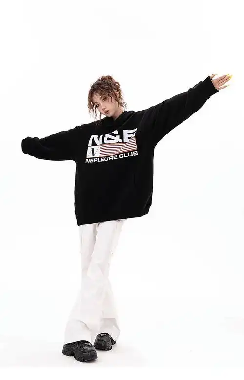 【天猫/抖音质量/薄款】重磅华棉/银狐绒 双层帽 ne字母印花卫衣女