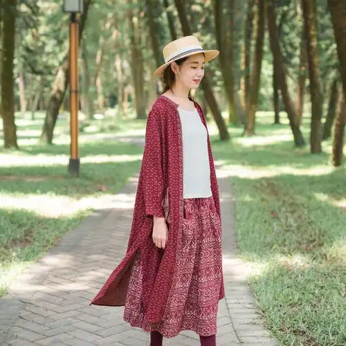 窗外|复古立领定位花双层人棉开衫连衣裙 宽松碎花衬衫裙女中长款