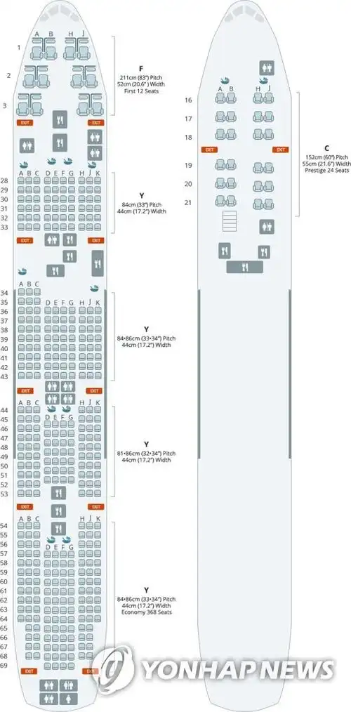 资料图片:撤侨包机b747-400机舱座位分布图 韩联社/大韩航空供图(图片