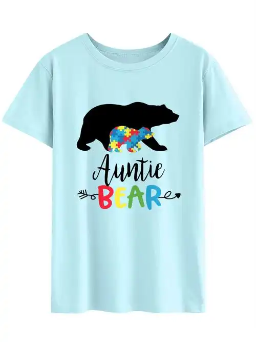 欧美女士auntie bear彩色拼图熊图案上衣印花短袖t恤休闲打底衫