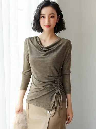 2019新款韩版褶皱抽绳圆领长袖收身显瘦秋冬性感打底衫女小衫上衣