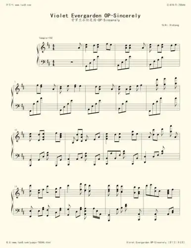紫罗兰永恒花园-op-sincerely(oldtang版本,钢琴谱》唐沢美帆(五线谱